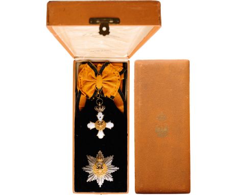 A complete set of Grand Cross of the 2nd type, 81x59 mm, gilt Silver, white enameledbadge, centre medallion with the frosted-