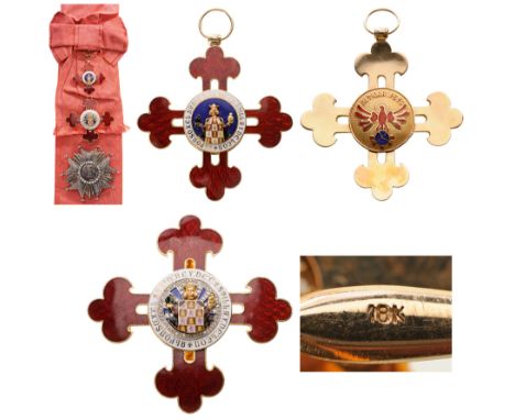 A grand Cross set with diamonds: sash badge, 60x55 mm, in GOLD, 98 g.,and red enamel; centre medallion with separately-made i