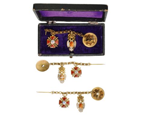 Order of Saint Anna, 3rd Class with Swords Miniature,instituted in 1735. Breast Badge in GOLD, bothsides enameled, both centr