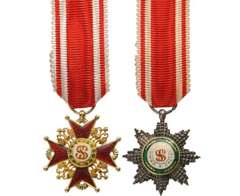 A miniature group of 1st Class: Order’s cross in GOLD, 20 mm,  the arms, red enameled on both sides; flanked by uniface, impe