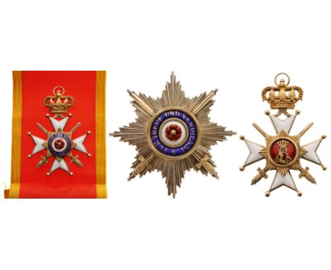 A Grand Cross Set with Swords: sash Badge, 96x68 mm, in gilt Silver, enameled, superimposed central medallion, original suspe