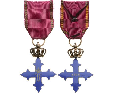 3rd Class, 1st Model, instituted in 1916. Breast Badge, 56x40 mm, gilt Silver, dark blue enameled,original ribbon. A very ele