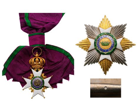 A Grand Cross Set: GOLD sash badge, 116x71 mm, with white enameled maltese cross with finely chiselled passant-guardant lions