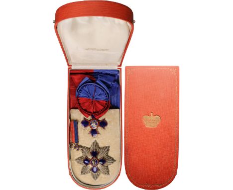 A Grand Cross set: sash badge, 67x62 mm, in gilt Silver with dark blueenameled arms with red enameled borders; dark blue cent