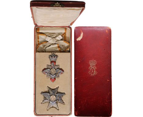 Grand Cross Set, intituted in 1906. Sash Badge, 105x77 mm, gilt Silver, trefoiled, red enameled, GOLD edge and 9 rays between