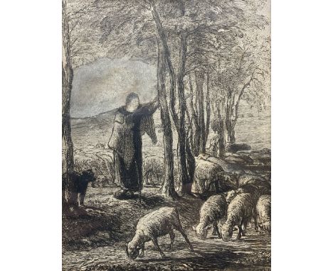 Jean-François Millet (French 1814-1875): Shepherdess and Her Flock in the Shade of Trees, etching c.1854/55 signed in the pla