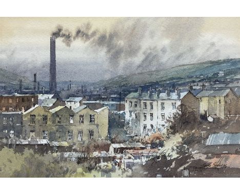 George Busby (British 1926-2005): 'Cold Light' - Mill Town Landscape, watercolour signed and dated '96, titled verso 19cm x 2