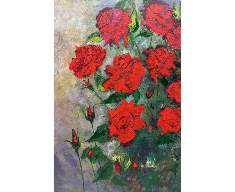 Ann Lamb (British 1955-): Ruby Roses, mixed media on canvas signed 76cm x 51cm 