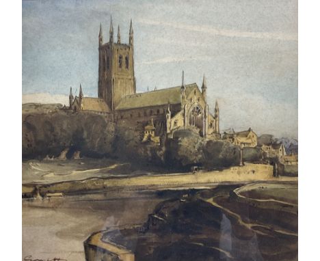 Frederick Rowland Emett (British 1906-1990): Worcester Cathedral, watercolour signed, titled in pencil and bearing remnants o