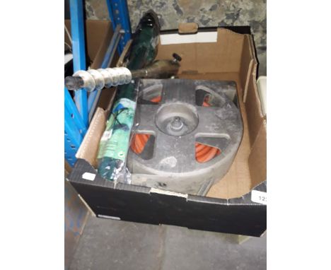 A box of tols and a box with a folding seat, hose reel rotary washing line support etc 