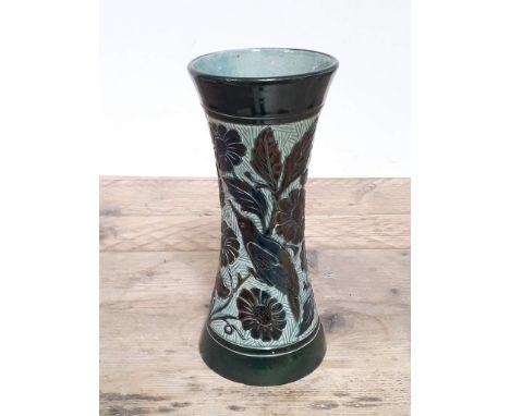 A Lauder Barum pottery vase No.28 decorated with a bird amongst foliage, height 25cm. 