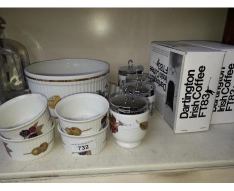 Royal Worcester Evesham ware and two Dartington crystal mugs 