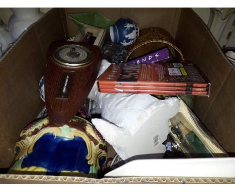 A box of china and glass including barometer 