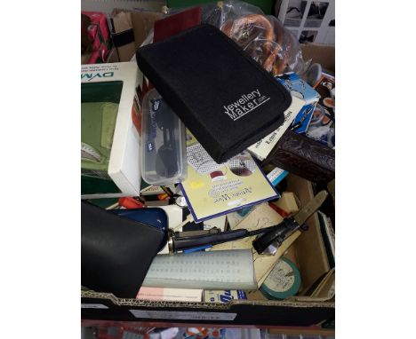 A mixed box including office requisites, stapler sunglasses, quill box, copper wire etc 