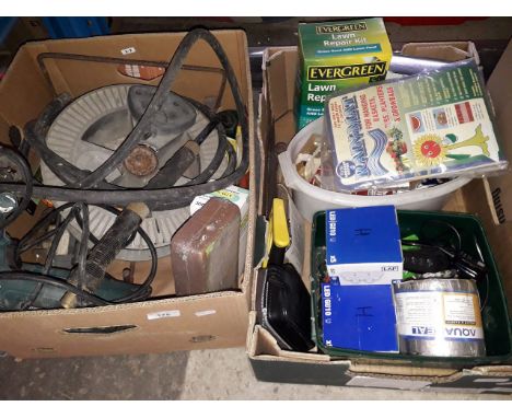 2 boxes of garageware including cable reel, hammer drill, garden hose, lawn repair kit, cassette player, flashing tape etc 