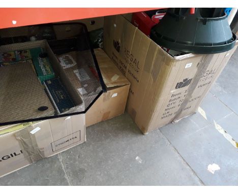 2 boxes of misc including christmas tree stand and decorations, a Gourmet stand mixer, a box of boxed games, DVDs, a briefcas