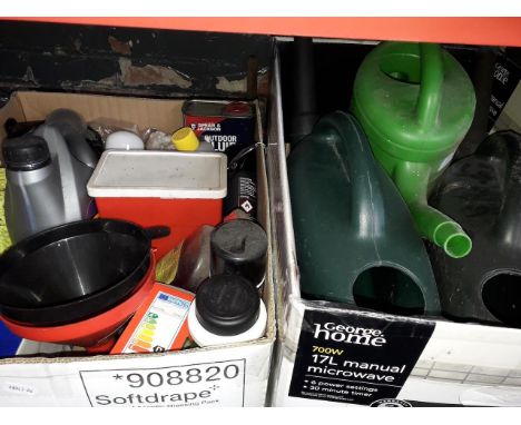 5 bundles of garden tools, a garden spiker, drain rods, watering cans and a box of garage items