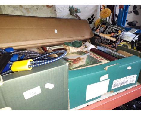 3 boxes of misc including tapestry frame, books, mobile phone, exercise equipment etc 
