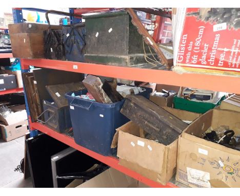 A large collection of tools including 2 wooden toolboxes and contents, 2 cantilever boxes and contents, a metal toolbox and c