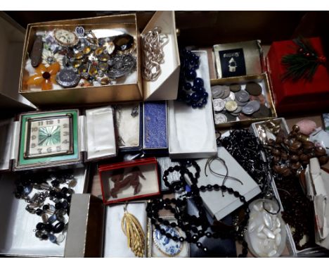 A box of mainly vintage costume jewellery, coins etc. 