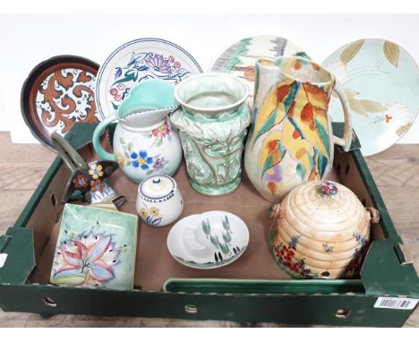 A box of Art Deco pottery including Beswick, Flaxman, Burleigh, Poole, Carlton Ware, etc.Condition:- Crack and repair to hand