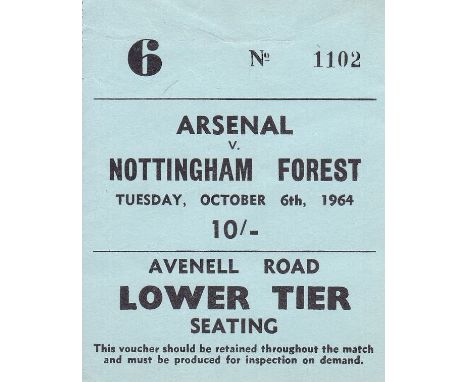 ARSENAL TICKET    Arsenal v Nottingham Forest 6th Oct 1964.     Good
