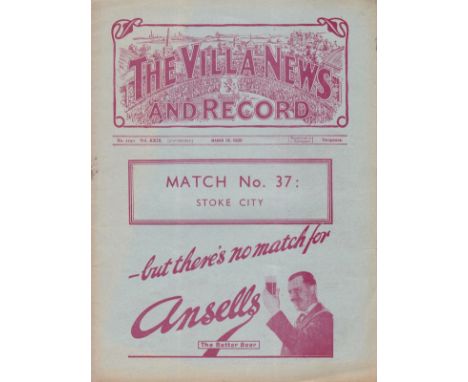 ASTON VILLA - STOKE 1939     Villa home programme v Stoke City, 18/3/1939, also covers Reserves v Everton Res. 20/3/1939, sta