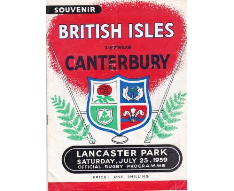 CANTERBURY- LIONS 59   Sixteen page programme, Canterbury v British Lions, 25/7/59 at Christchurch, Canterbury won 20-14, sli