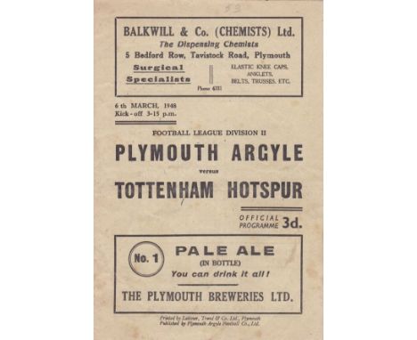 TOTTENHAM HOTSPUR       Programme for the away League match v. Plymouth Argyle 6/3/1948, small tape on back page and slight a