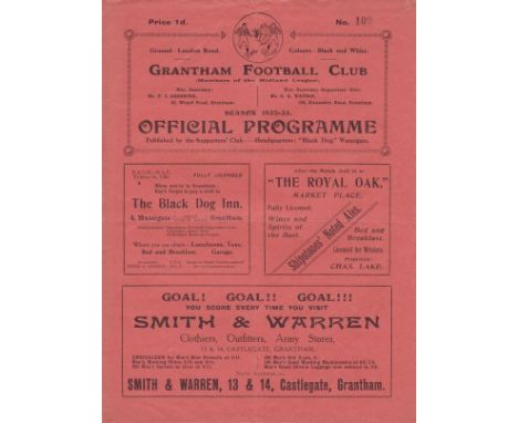 GRANTHAM - NOTTS COUNTY 1933   Grantham home programme v Notts County Reserves, 4/3/1933, Midland League.  Slight fold.   Goo