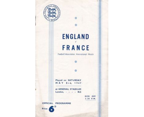ENGLAND AT ARSENAL FC       Programme for England v. France 3/5/1947, very slightly creased, slightly rusty staples and tiny 