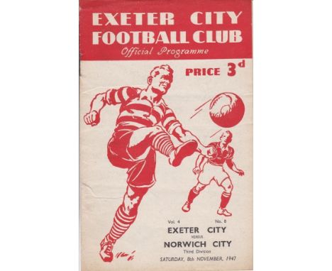 EXETER - NORWICH 47  Exeter home programme v Norwich, 8/11/47, slight folds.  Generally good