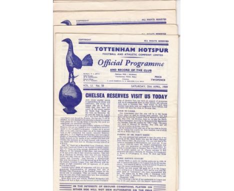 TOTTENHAM 58-59    Eleven Tottenham home four page Reserves programmes, all 58/9, all have scores, scorers, changes, h-t scor