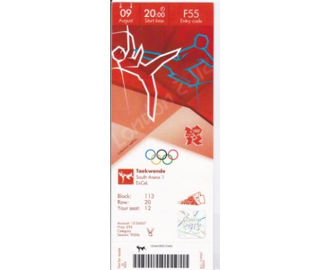 LONDON OLYMPICS 2012       A Jade Jones signed Taekwondo ticket for 9/8/2012 with Certificate of Authenticity. No 19 of 100. 