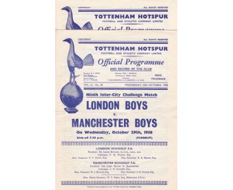 AT TOTTENHAM  58-59    Two Tottenham programmes for games at White Hart Lane, 58-59, London Boys v Manchester Boys 29/1058 an