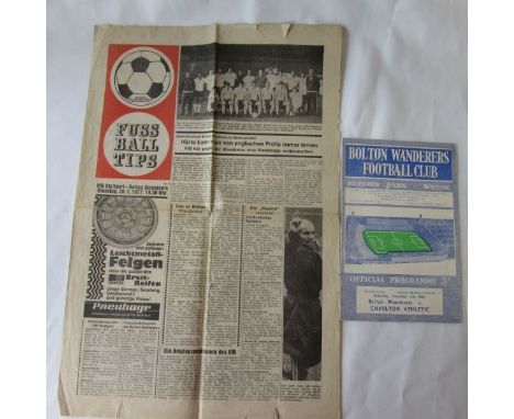 BOLTON    Two programmes, VfB Stuttgart v Bolton 26/7/77, four page "Football Tips" newspaper issue (folds, minor tears) and 