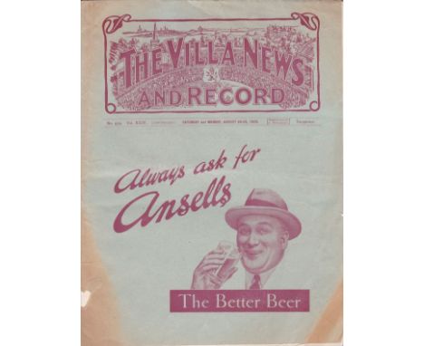 ASTON VILLA - LEICESTER 1933   Villa home programme v Leicester, 26/8/1933, also covers Villa Reserves v Birmingham Reserves,