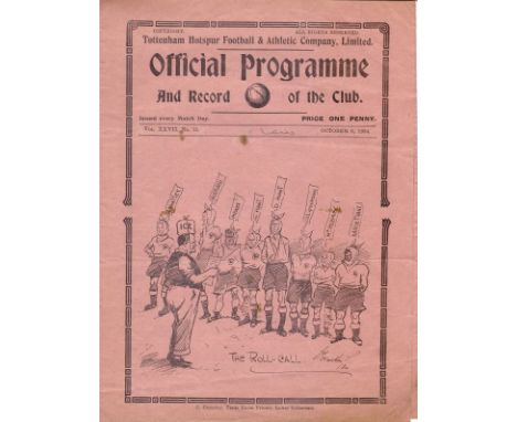 TOTTENHAM-LEICESTER 1934   Tottenham home programme v Leicester, 6/10/1934, minor fold and a few rust marks on inside pages. 