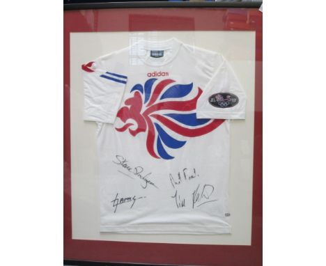 OLYMPIC GOLD / ROWING     Framed and glazed adidas white t-shirt from 1996 Atlanta, autographed to front in black felt tip pe