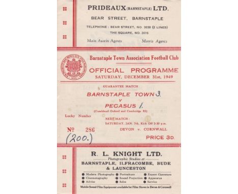 BARNSTAPLE - PEGASUS 49   Barnstaple Town home programme v Pegasus, 31/12/49, Guarantee Match. Scarce programme from the Pega