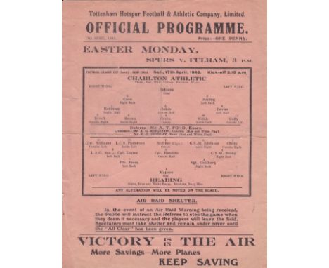 WAR CUP SOUTH SEMI-FINAL 43   Single sheet Tottenham programme issued for the War Cup South Semi-Final, Charlton v Reading at