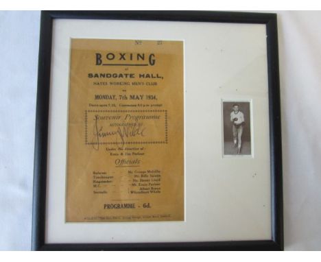 JIMMY WILDE BOXING AUTOGRAPH       An 11" X 11" glazed frame of a boxing programme 7/5/1934 at Hayes Working Men's Club signe
