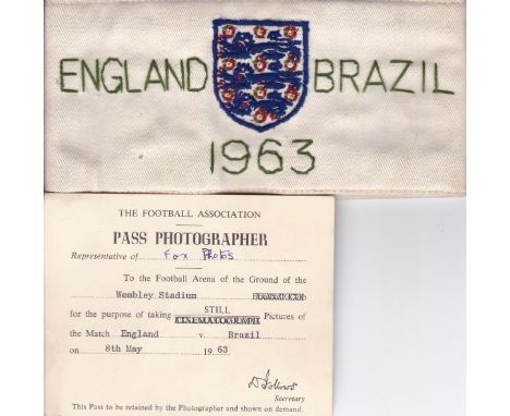 ENGLAND- BRAZIL 1963  Cloth official armband issued to photographer George Freston for England v Brazil 1963 at Wembley, whic