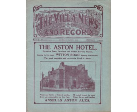 ASTON VILLA - BURY 1926     Villa home programme v Bury, 6/3/1926, staple removed.     Good