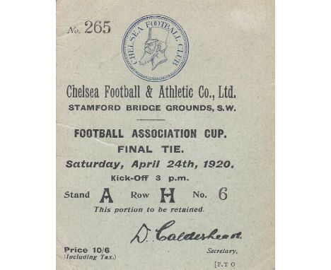 1920 CUP FINAL TICKET     Scarce ticket for the 1920 FA Cup Final, Aston Villa v Huddersfield , played at Stamford Bridge, Ch