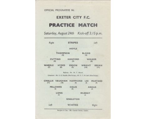 EXETER 46-7   Single sheet Exeter programme , practice match, 24/8/46, Stripes v Whites, slight fold.  Good