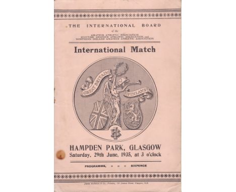 AT HAMPDEN PARK     Rare programme for the Great Britain v Finland International Athletics match held 29 June 1935.  Also cov