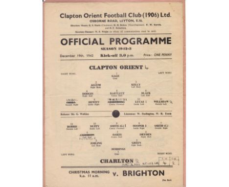 CHARLTON    Four single sheet away programmes v Clapton Orient 19/12/42, v Arsenal 27/11/43, v Tottenham 11/9/43 and Orient 2