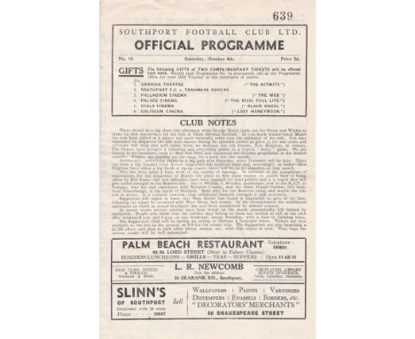 SOUTHPORT - NEW BRIGHTON 47   Southport four page home programme v New Brighton, 4/10/47, Division 3 North, slight fold.  Gen