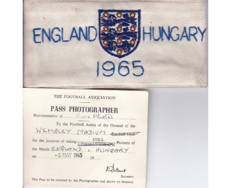 ENGLAND- HUNGARY 1965   Cloth official armband issued to photographer George Freston for England v Hungary 1965, at Wembley, 